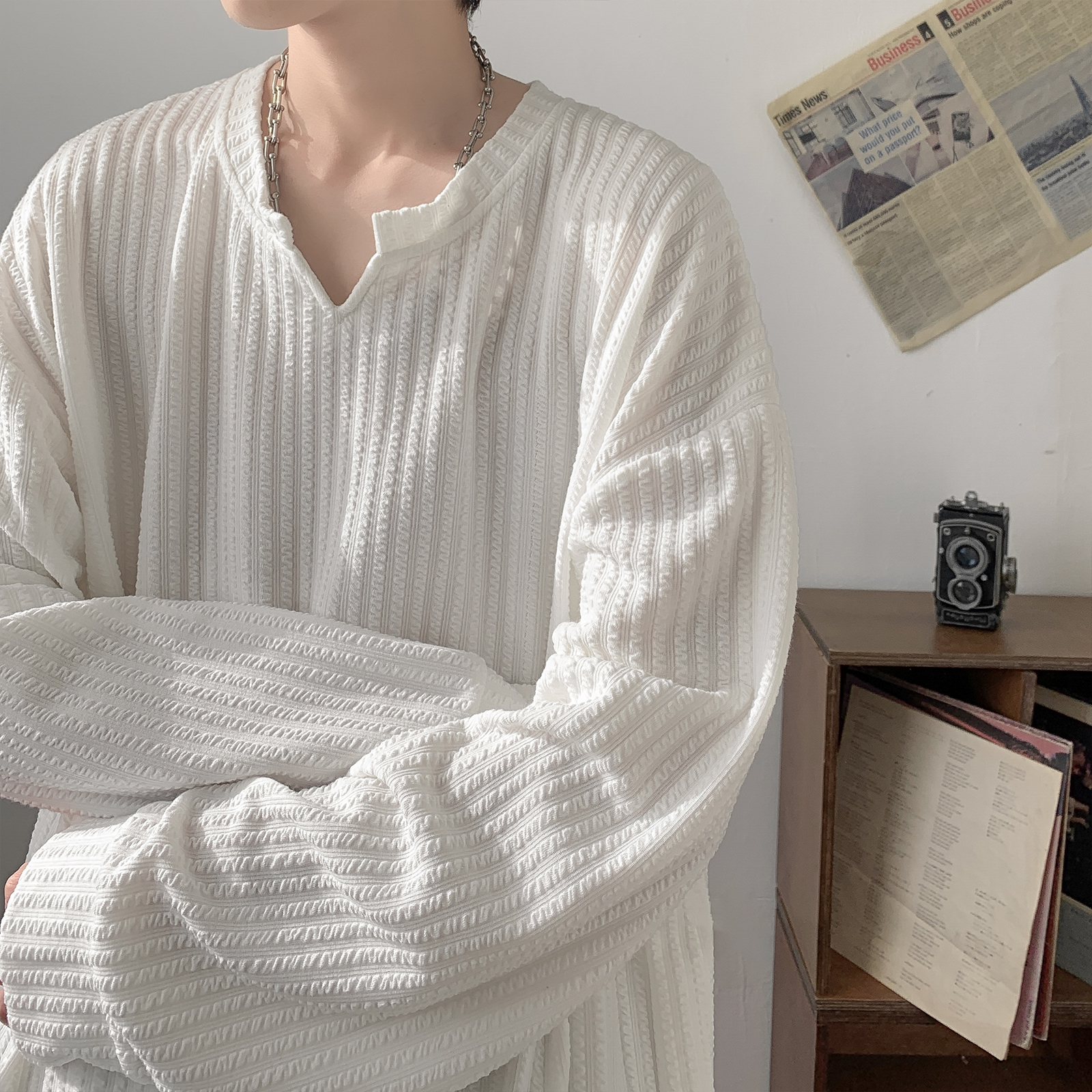 Loose Long Sleeve V-Neck T-Shi - Streetwear High End Brand 评论和价格